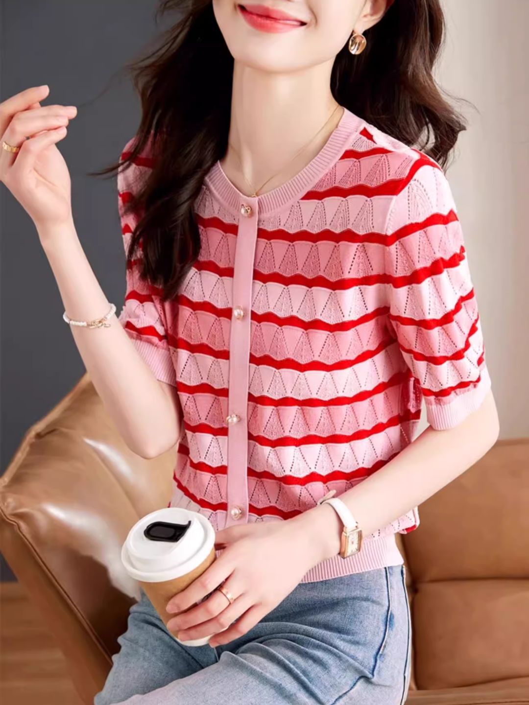 Hollow Striped Short-sleeved T-shirt