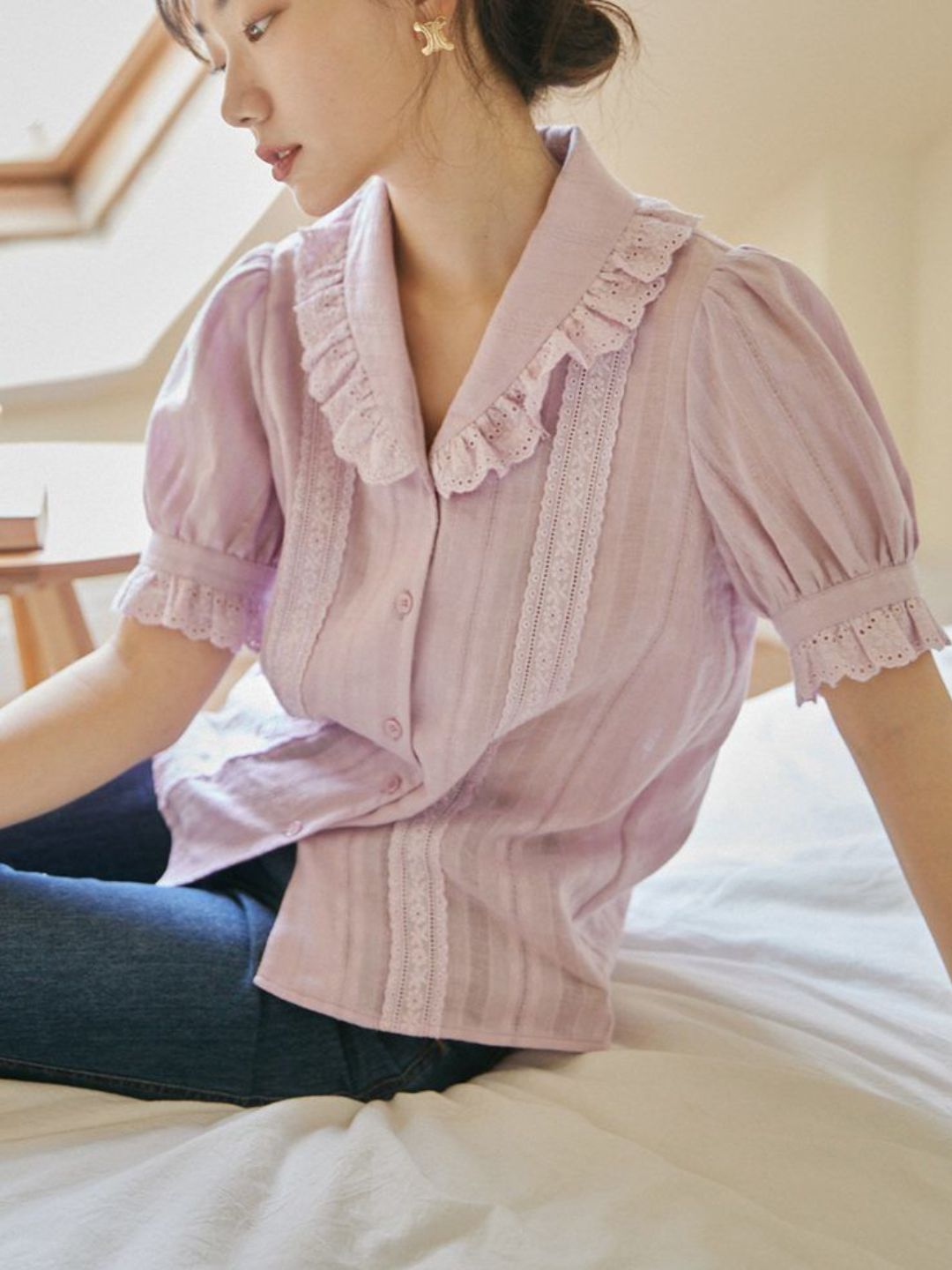 Lace Lapel Short Sleeve Shirt