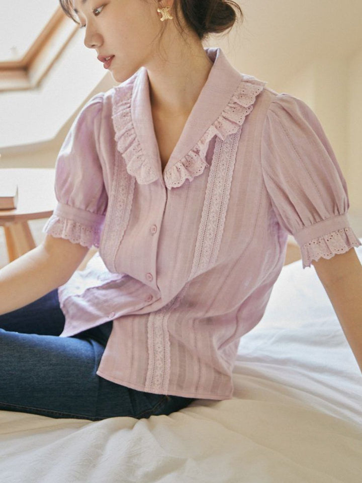 Lace Lapel Short Sleeve Shirt