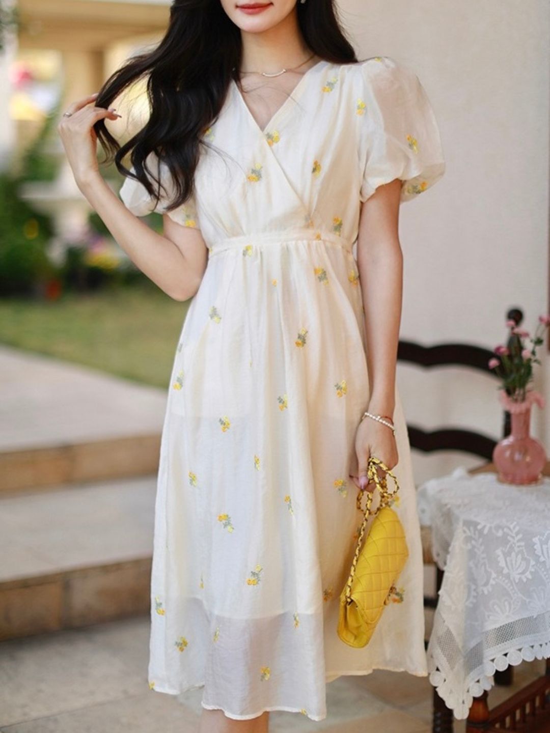 V-neck Floral Embroidered Dress