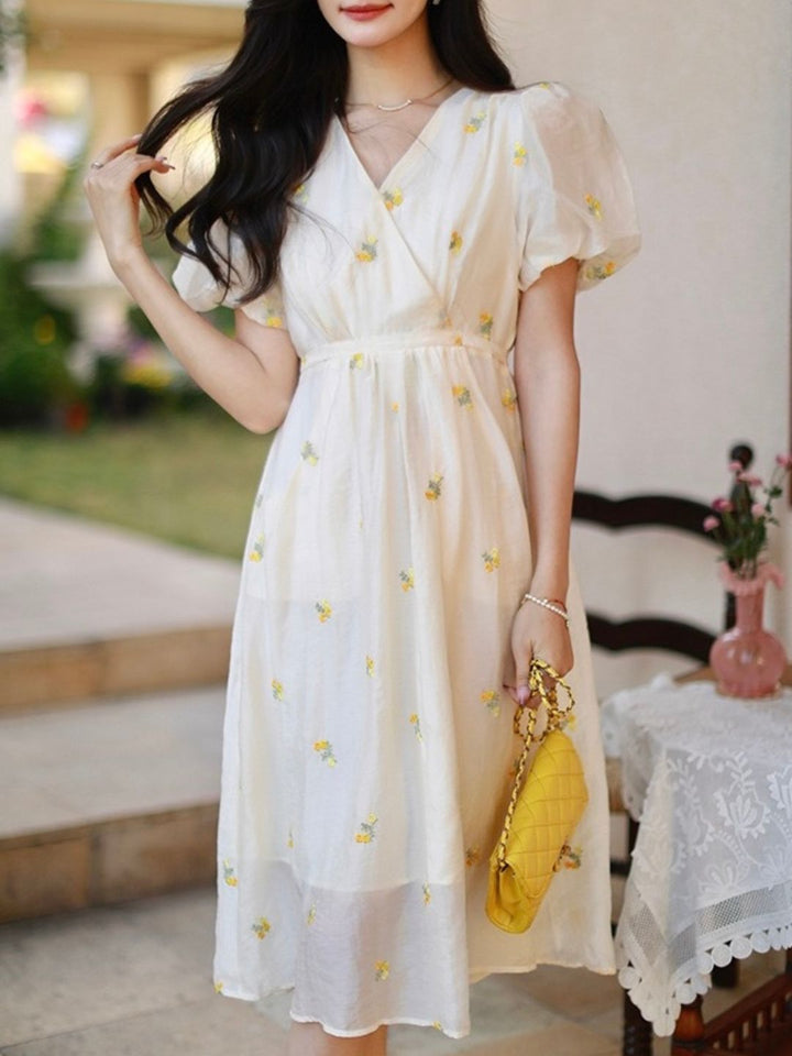 V-neck Floral Embroidered Dress