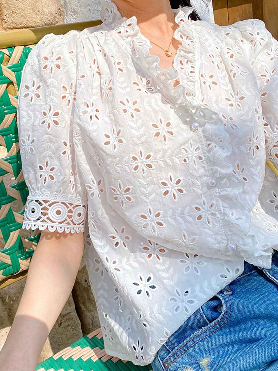 Elegant V-Neck Puff Sleeve Embroidered Top