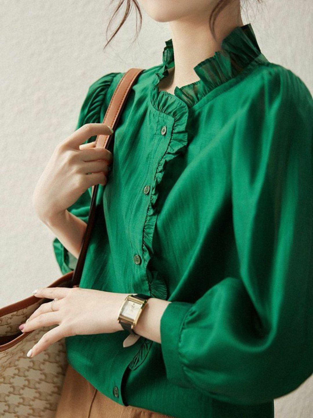 Vintage Loose Stand Collar Shirt - Green