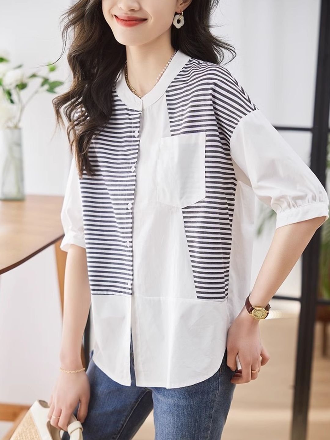 Paneled Striped Top - White