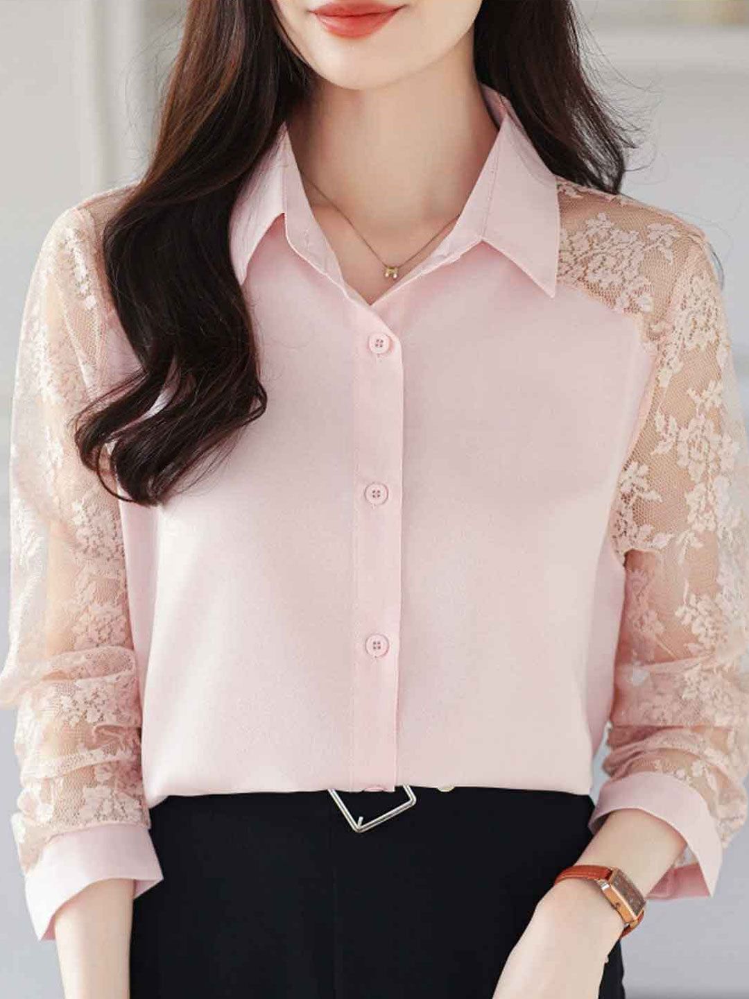 Lace Loose Lapel Chiffon Shirt