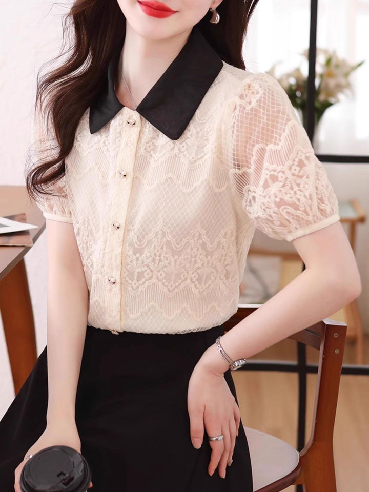 Contrast Lapel Lace Chic Top