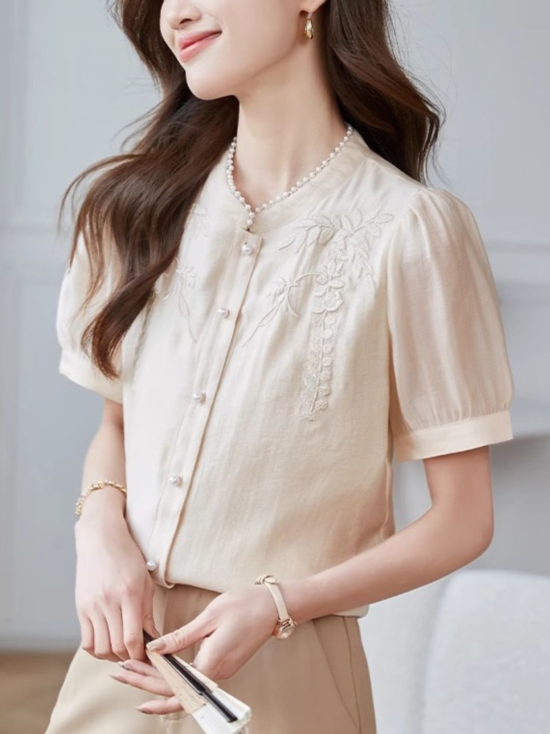 Embroidered Short Sleeve Chiffon Shirt - Apricot