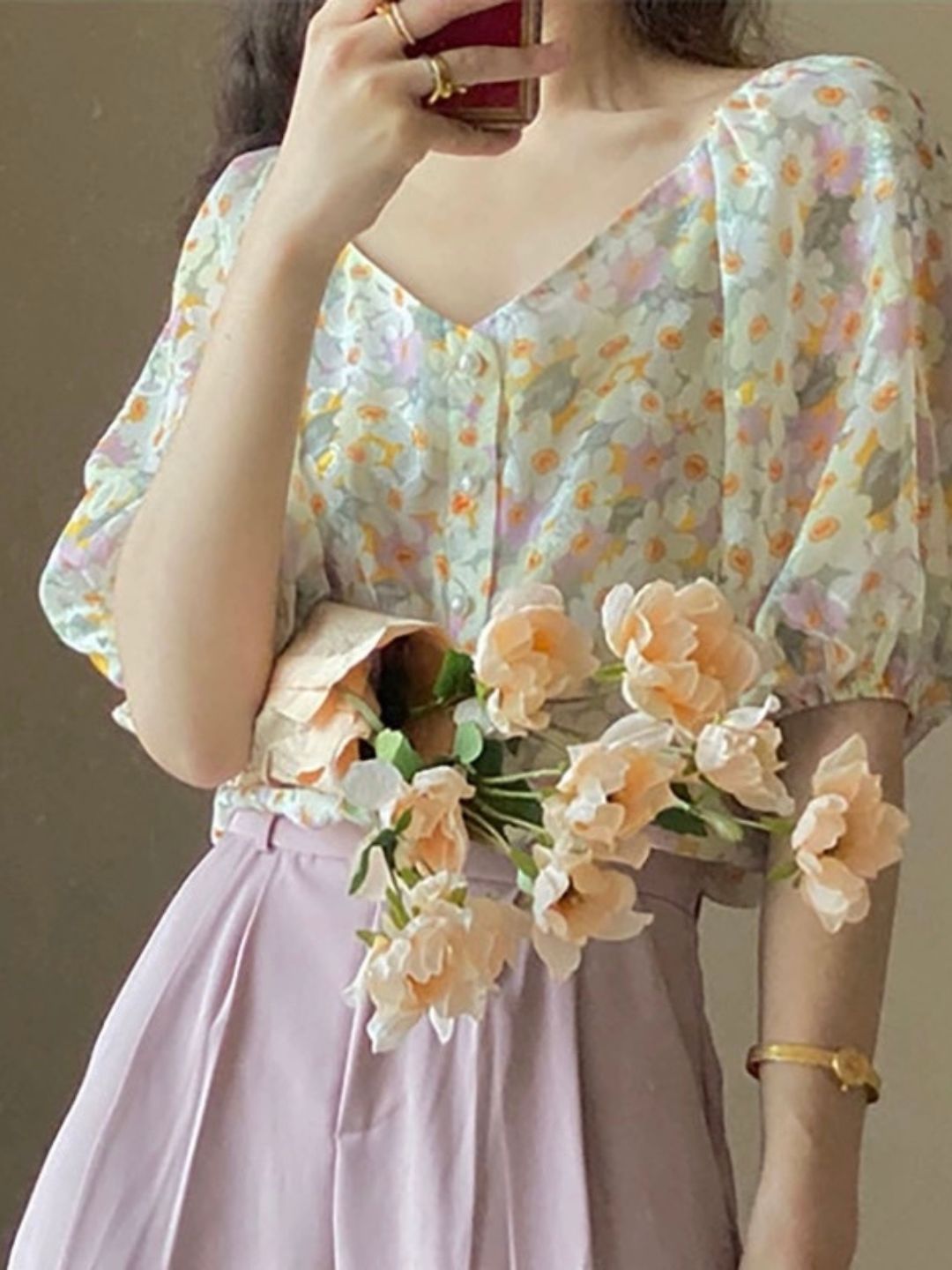 Purple V-neck Puff Sleeve Short Sleeves