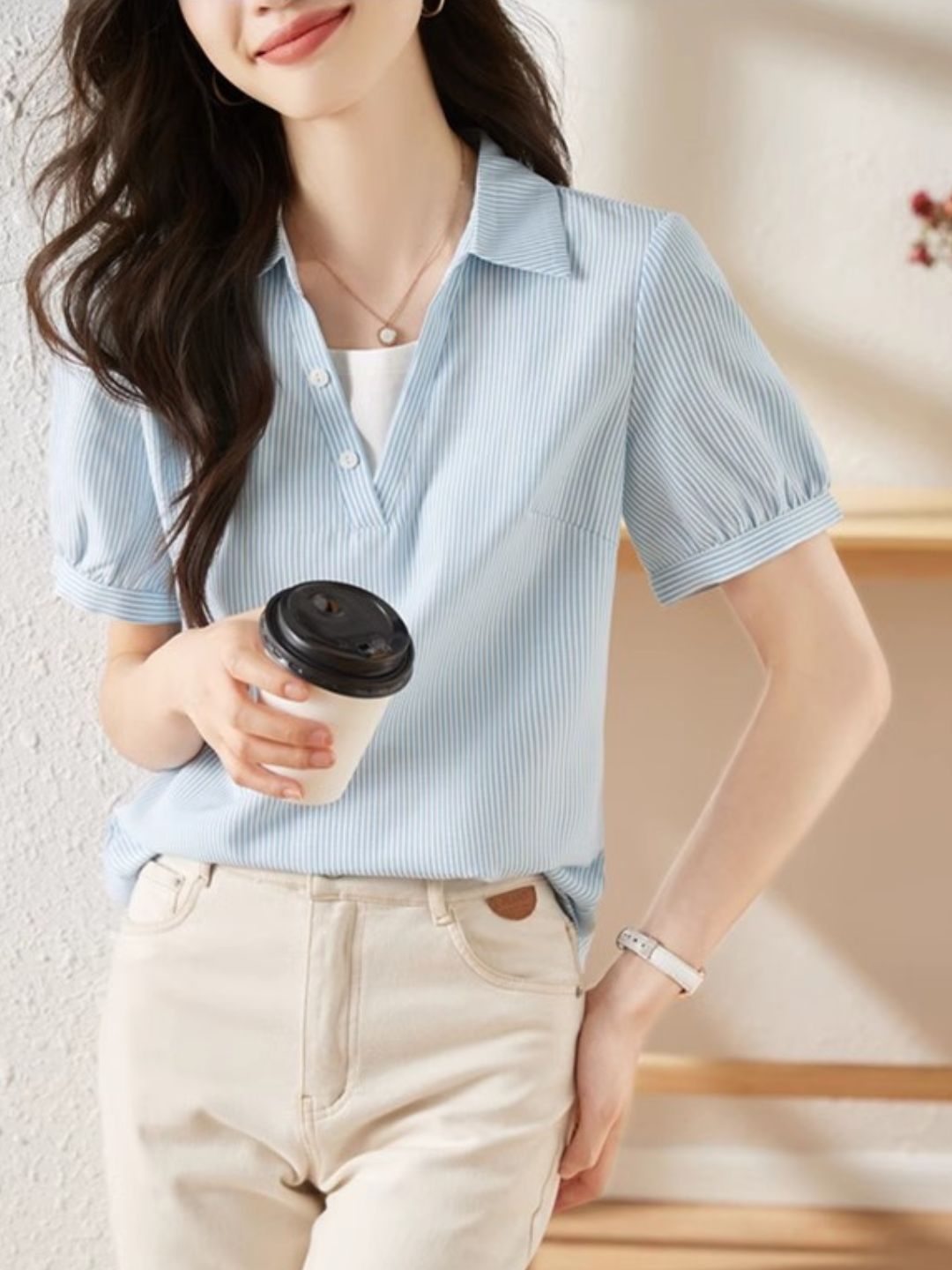 Striped Short-sleeved Lapel Shirt - Green