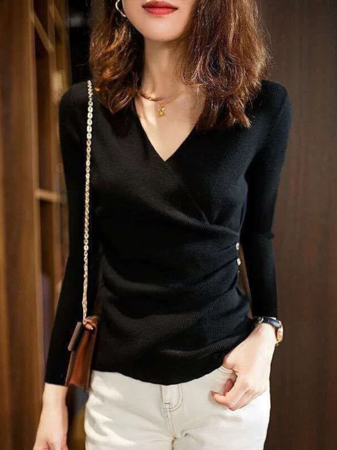 Casual V-Neck Solid Color Knitted Top - Green