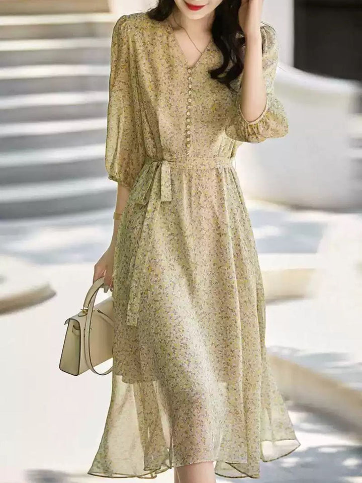V-Neck Chiffon Floral Dress