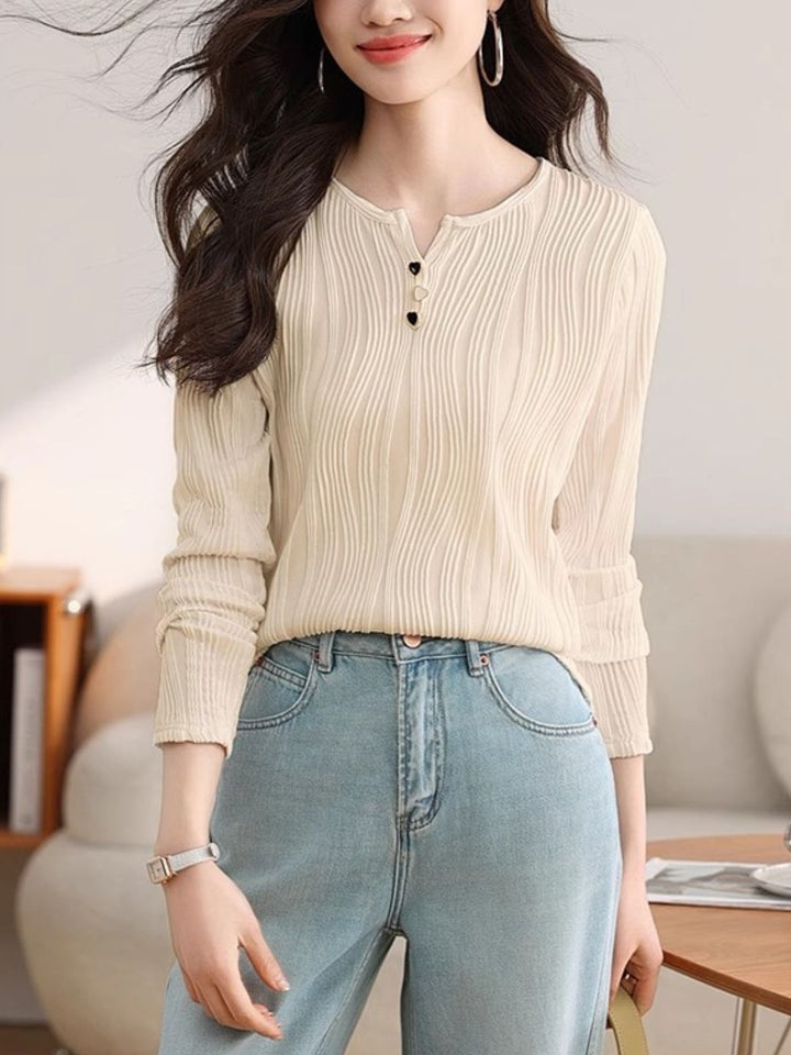 Heart Button Round Neck Long Sleeve Top