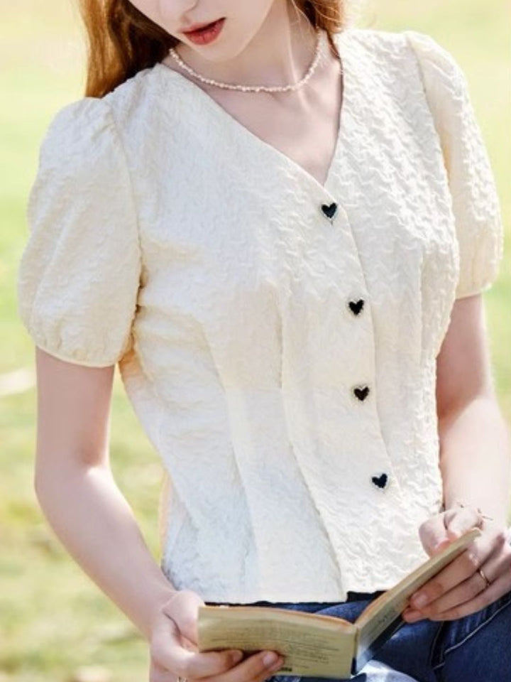 Heart Button V-neck Shirt