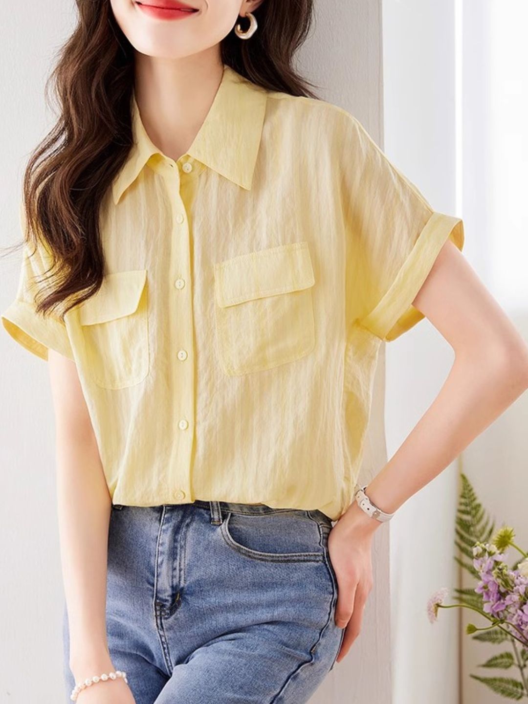 Retro Vertical Striped Short Sleeve Shirt