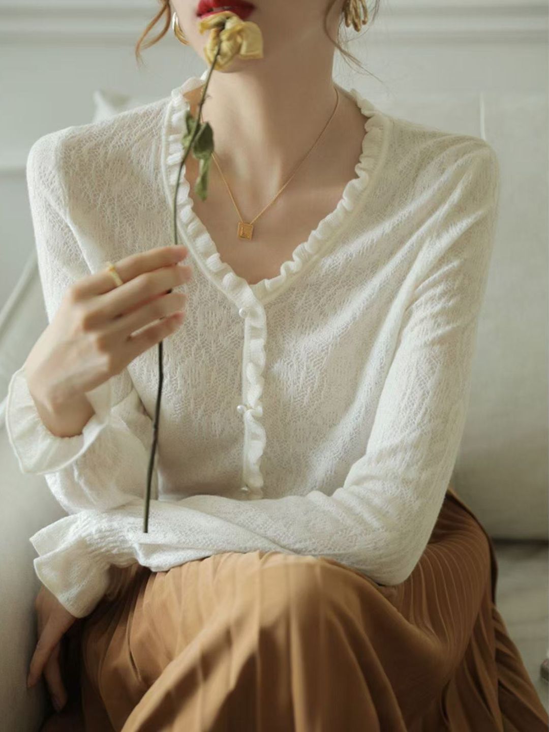 Hollow Fungus Lace V-Neck Top - Black