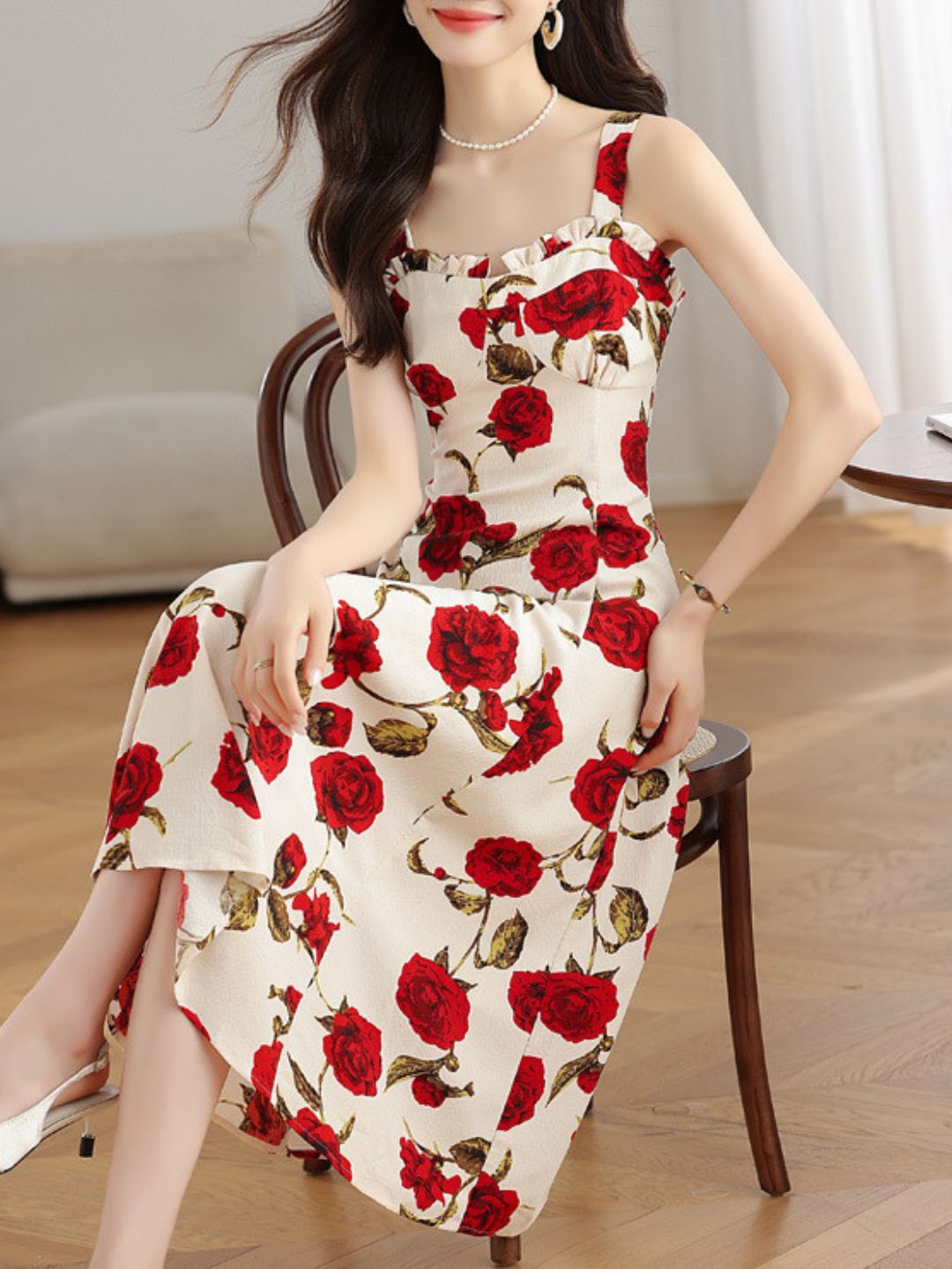 Red Rose Floral Sling Dress