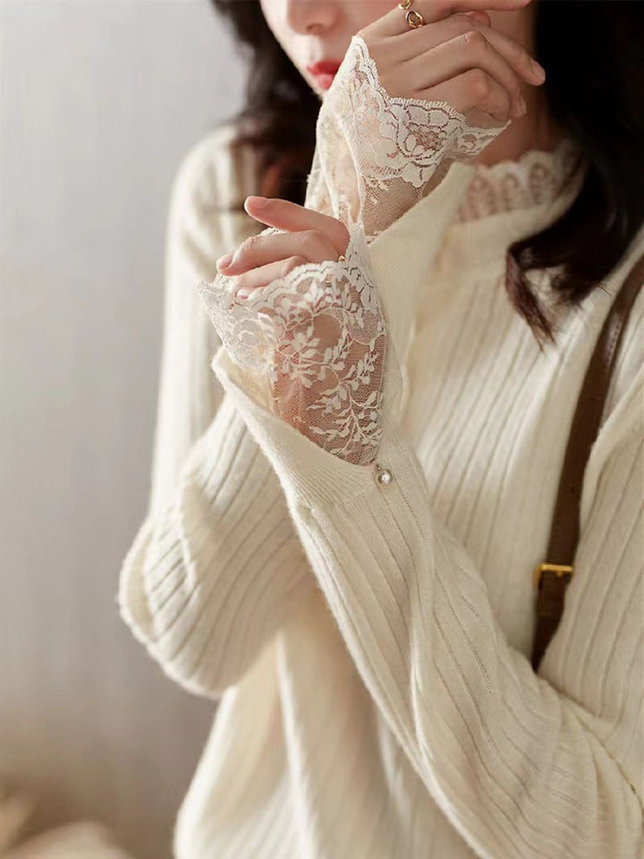 Temperament Lace Sleeve Sweater - Black