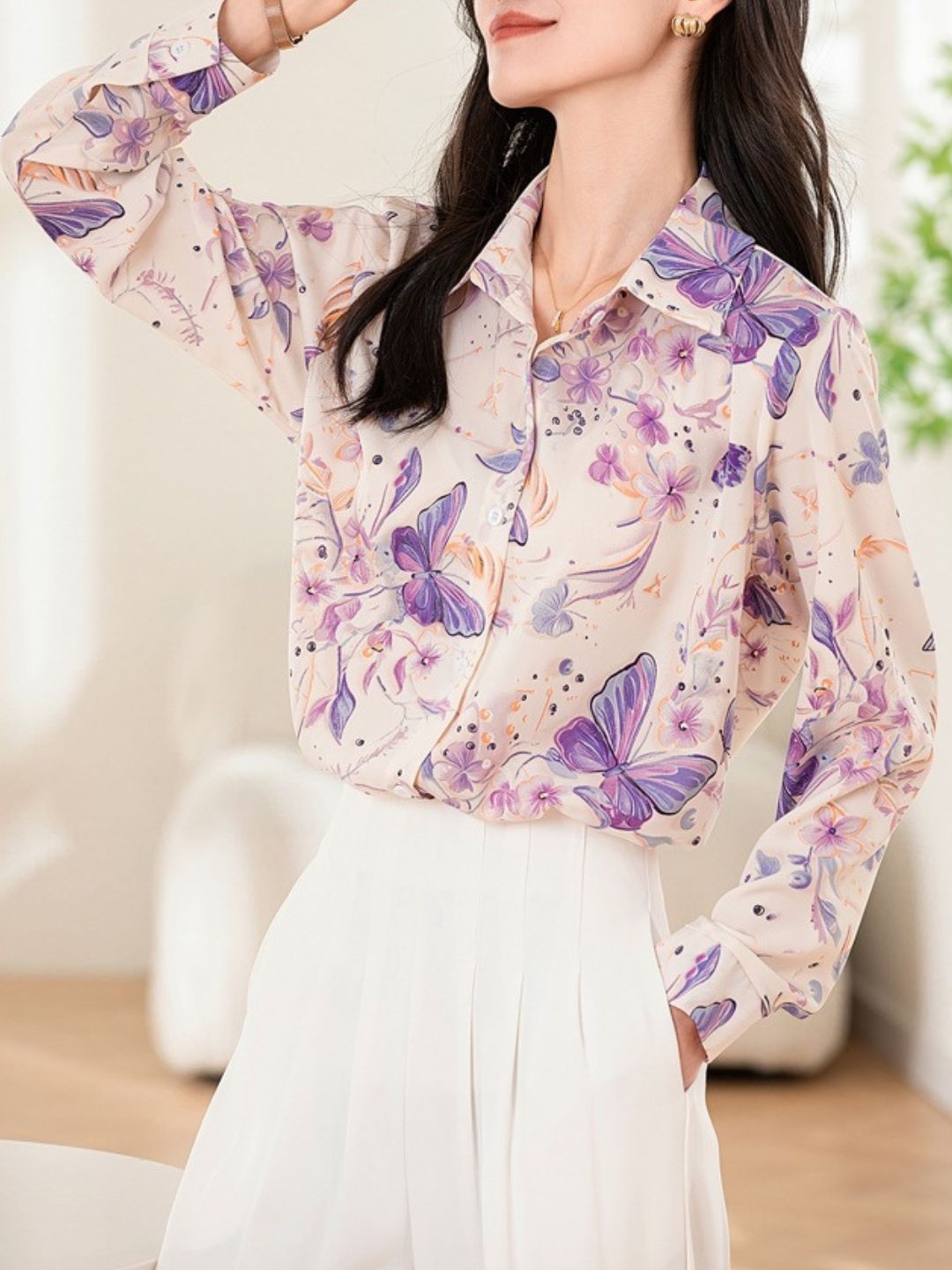 Loose-Fitting Lapel Printed Contrast Shirt