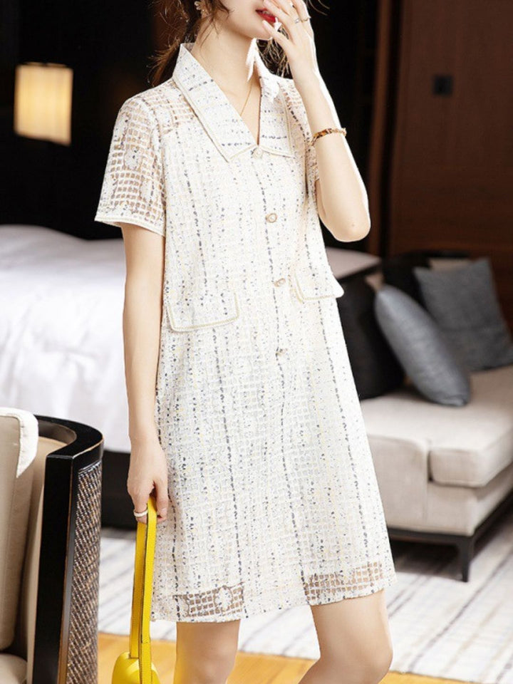 Hollow Lapel Mesh Splicing Dress