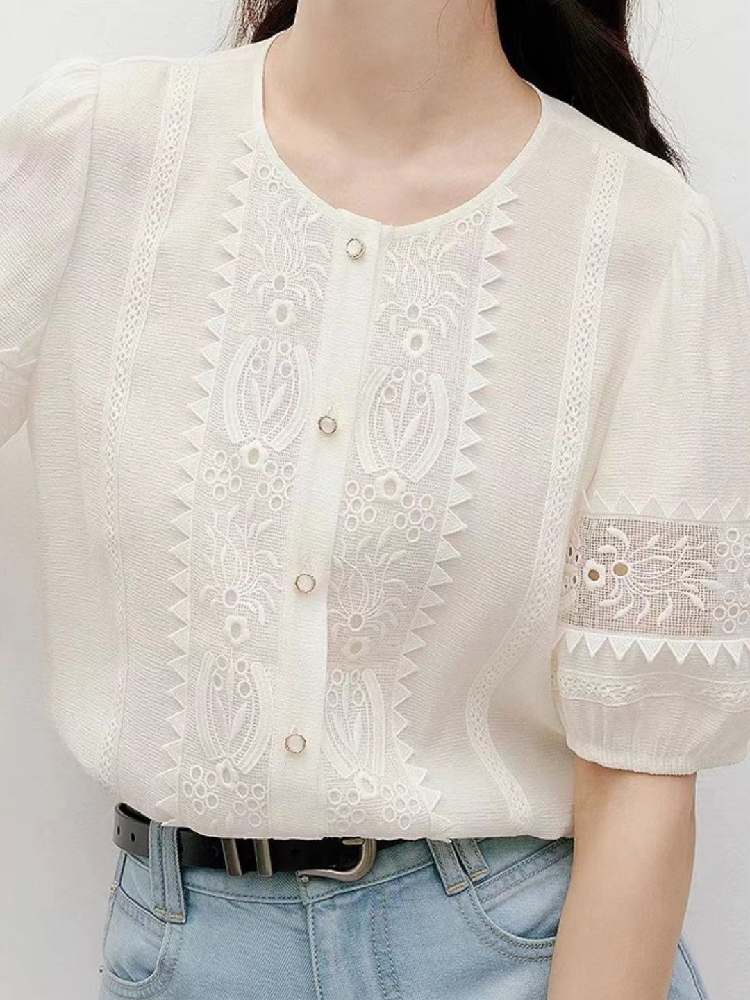 Round Neck Lace Embroidered Shirt