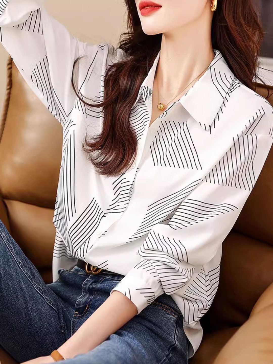 Geometric Stripe Print Lapel Shirt