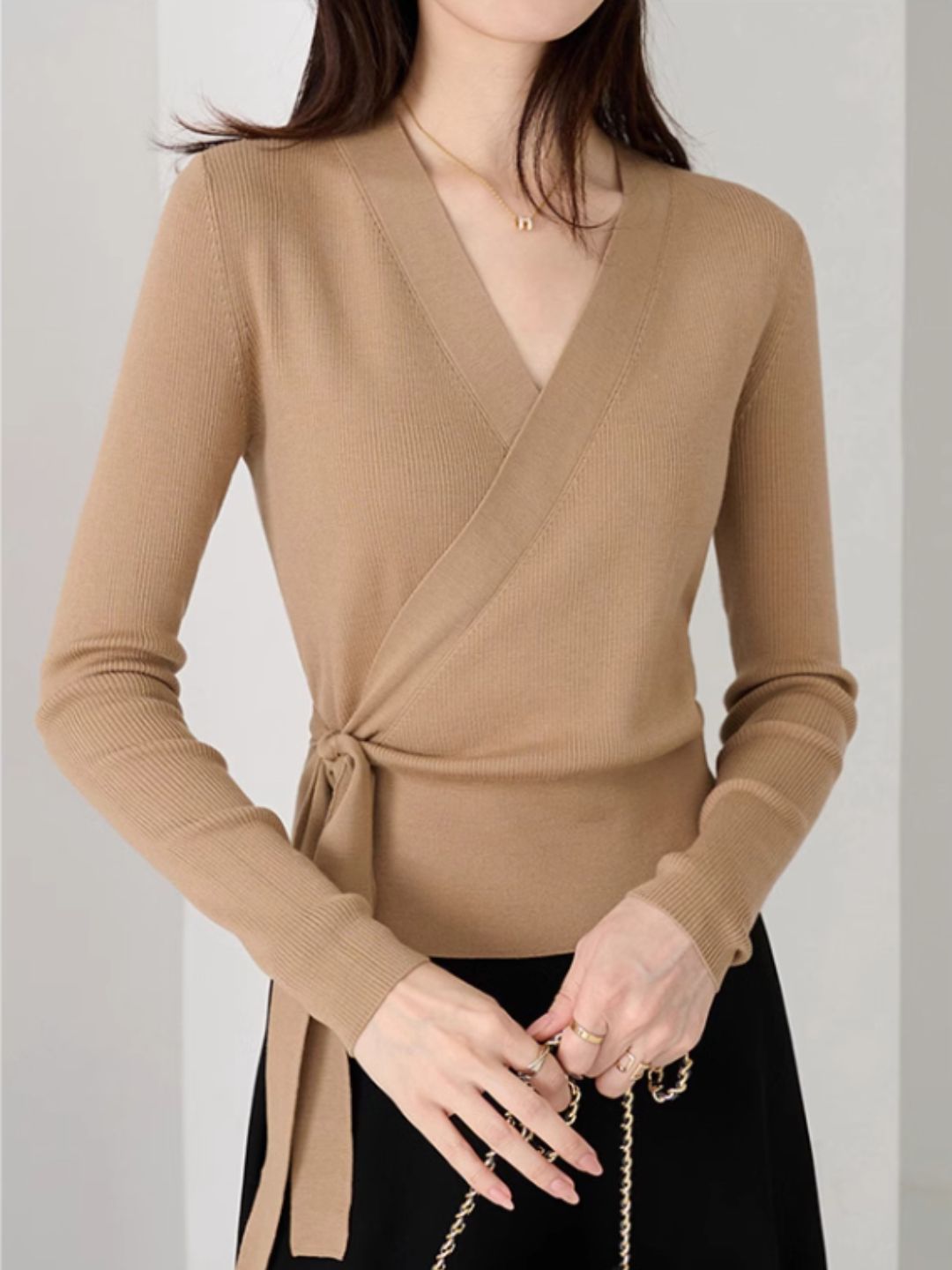 Crossover V-neck Tie Sweater