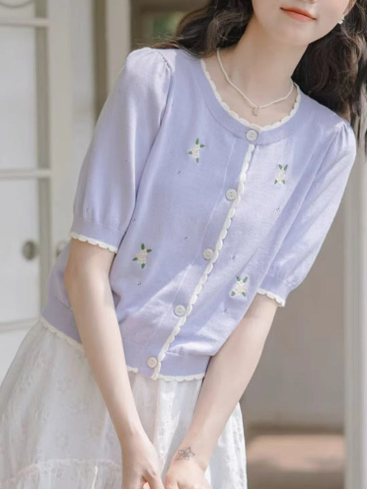 Contrast Color Crew Neck Embroidered Shirt