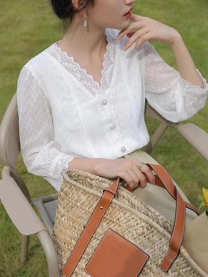 V-neck Chic Lace Chiffon Shirt