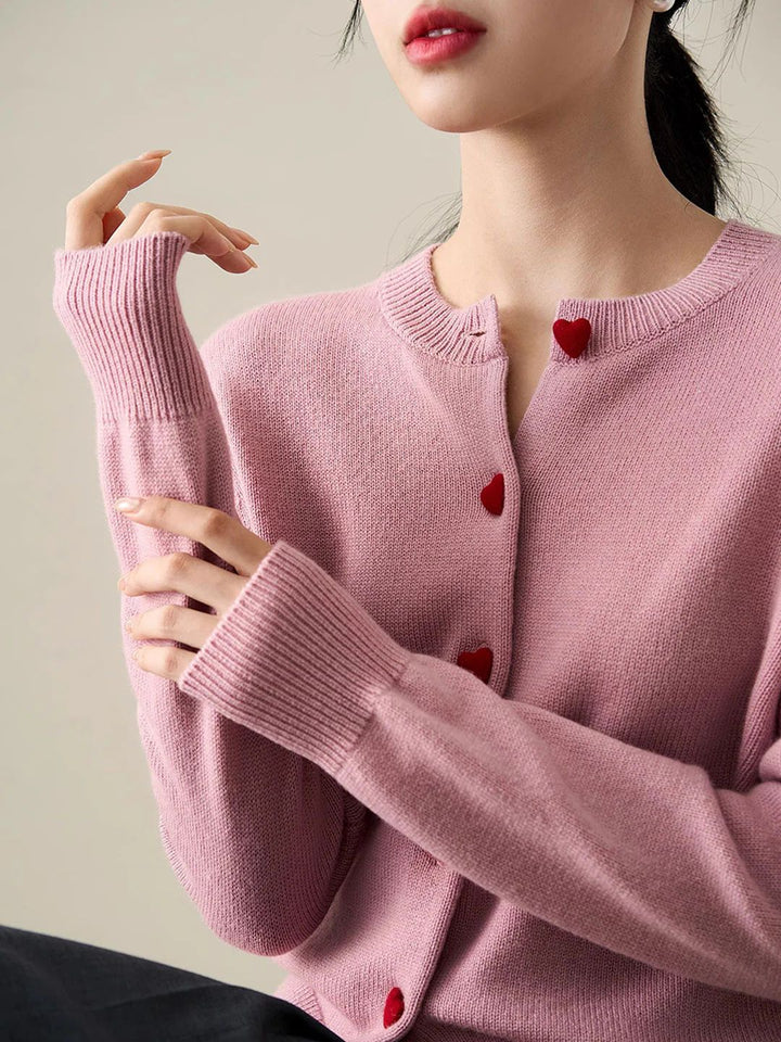 Elegant Crew Neck Heart Button Knitted Cardigan