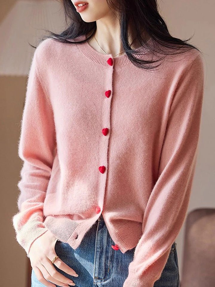 Elegant Crew Neck Heart Button Knitted Cardigan