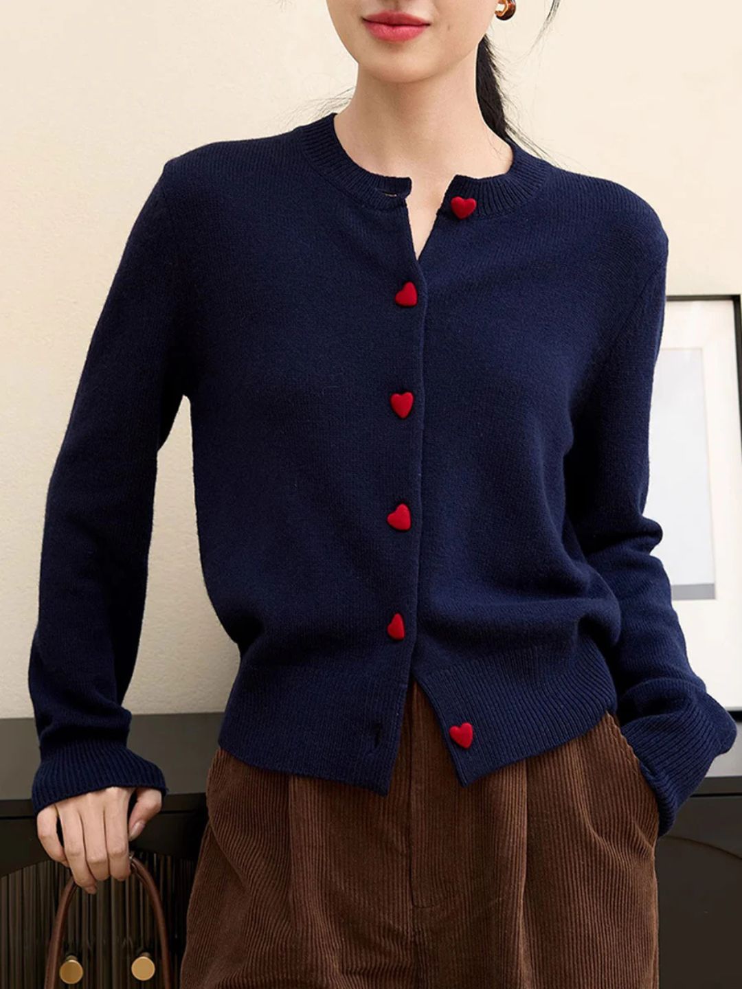 Elegant Crew Neck Heart Button Knitted Cardigan