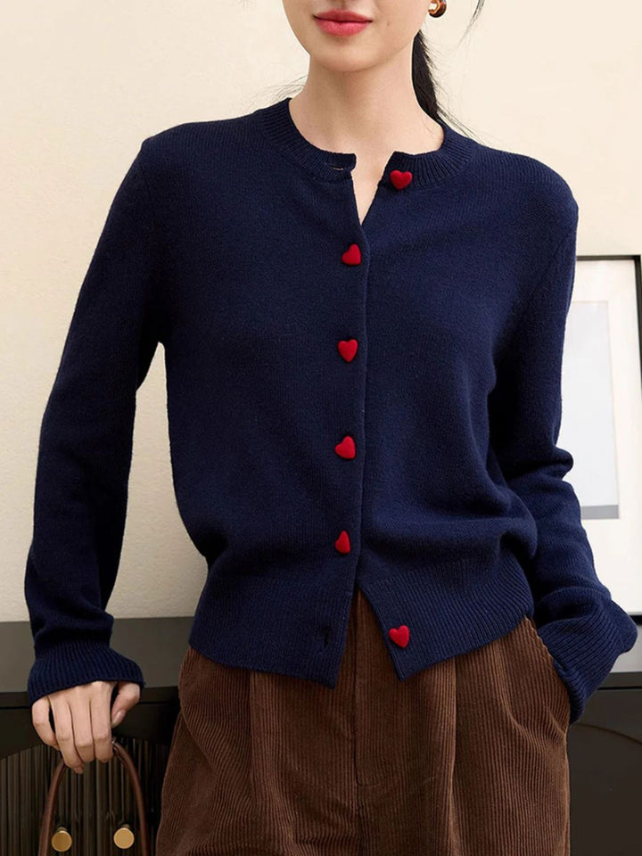 Elegant Crew Neck Heart Button Knitted Cardigan
