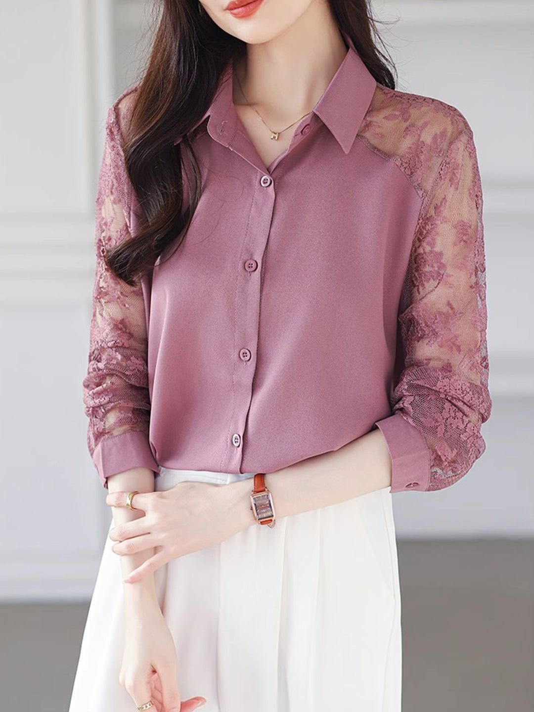 Lace Loose Lapel Chiffon Shirt