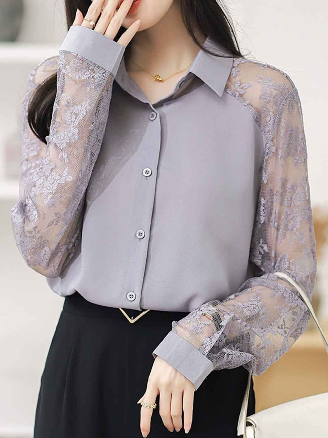 Lace Loose Lapel Chiffon Shirt