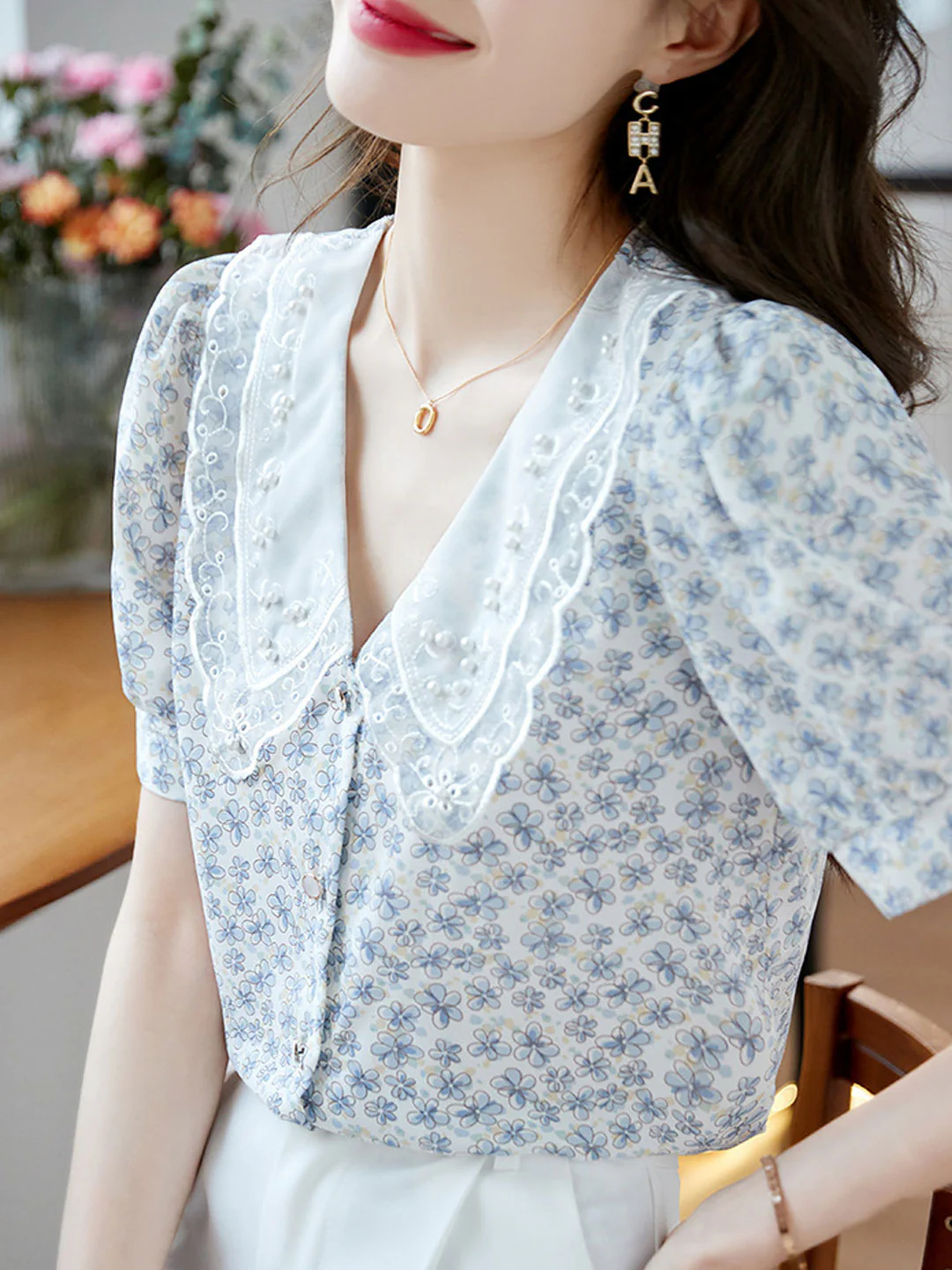 Classic Floral Printed Beaded Chiffon Shirt -Pink