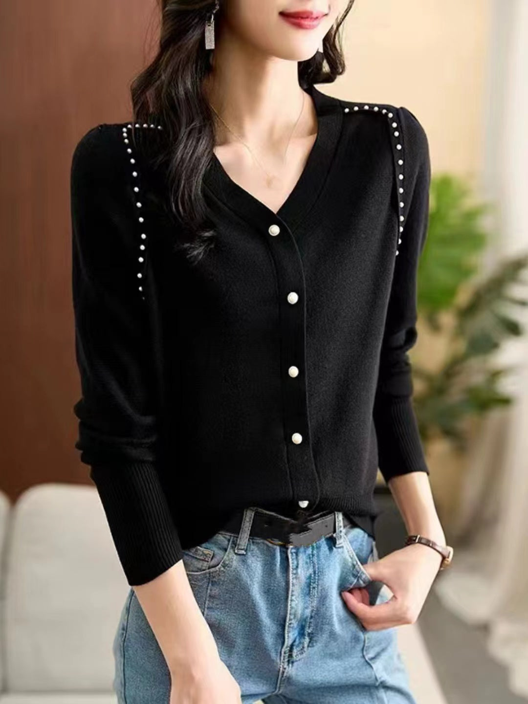 Loose V-Neck Button Knitted Top