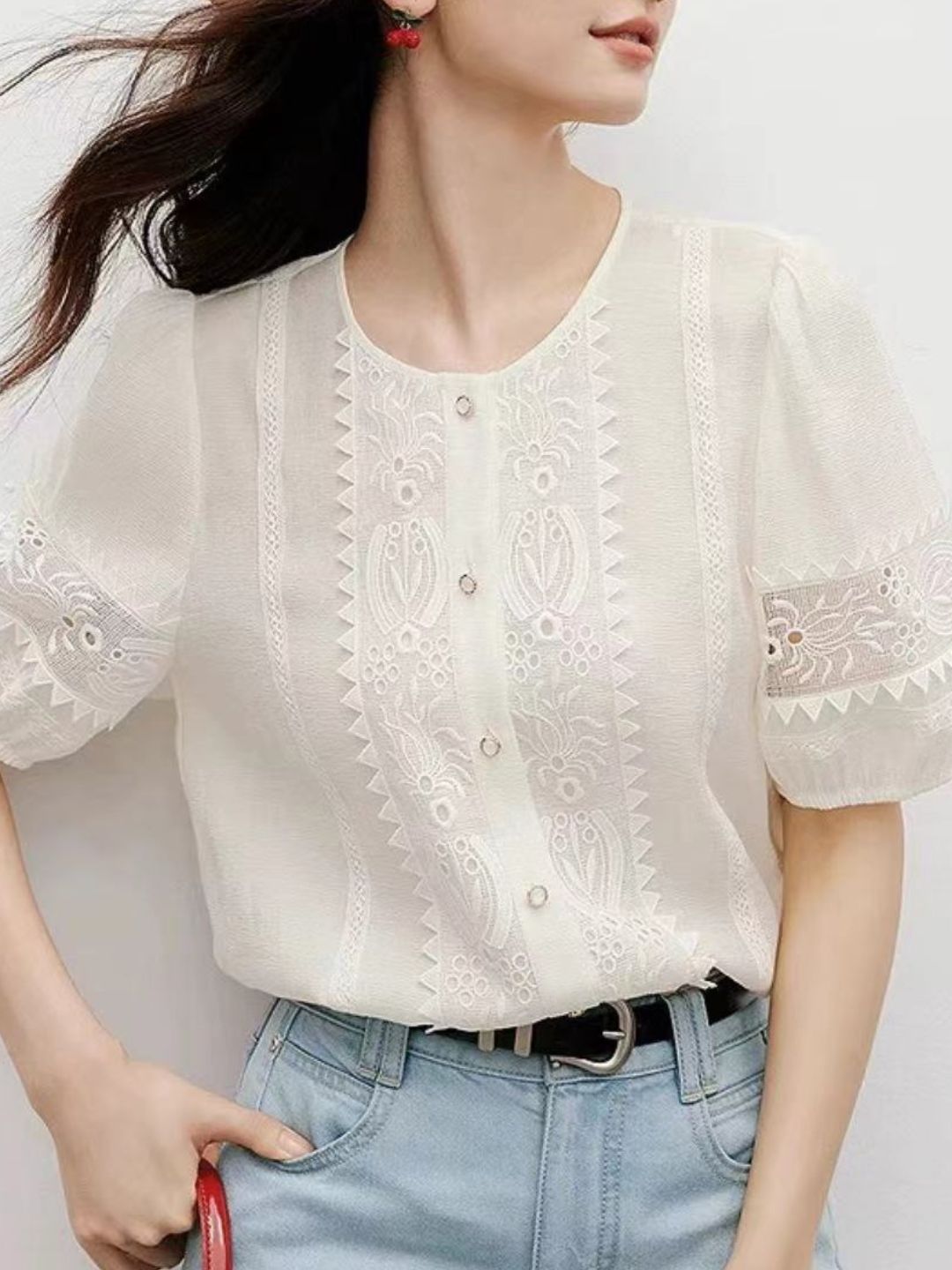 Round Neck Lace Embroidered Shirt