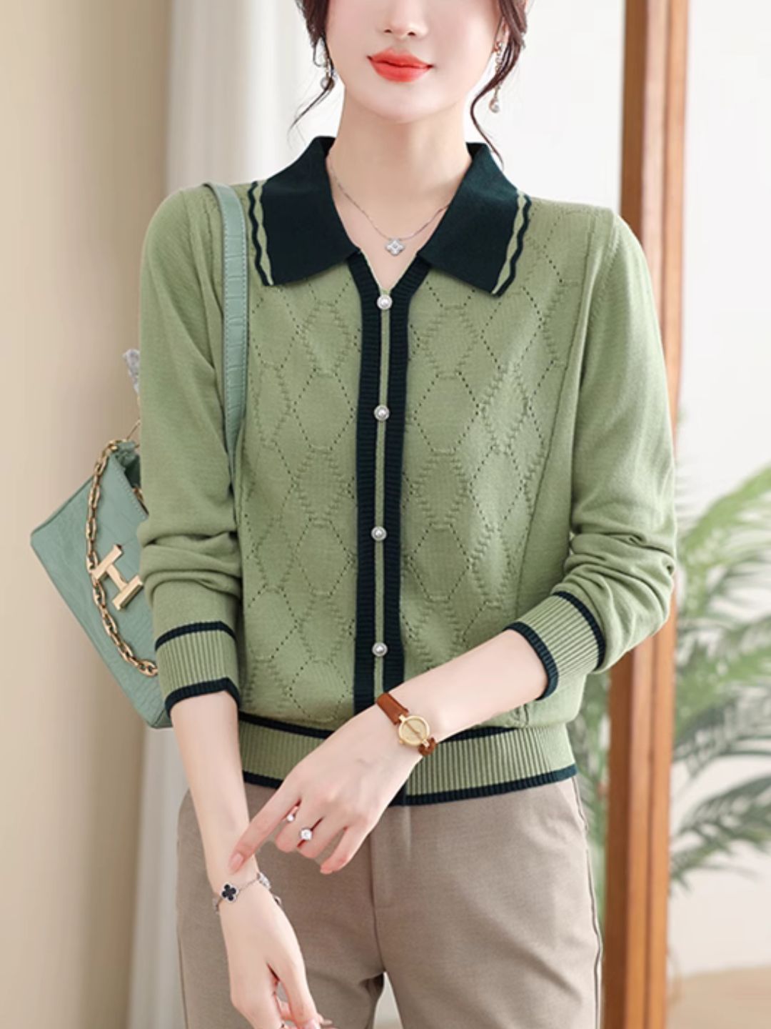 Classic Lapel Knitted Sweater - Green