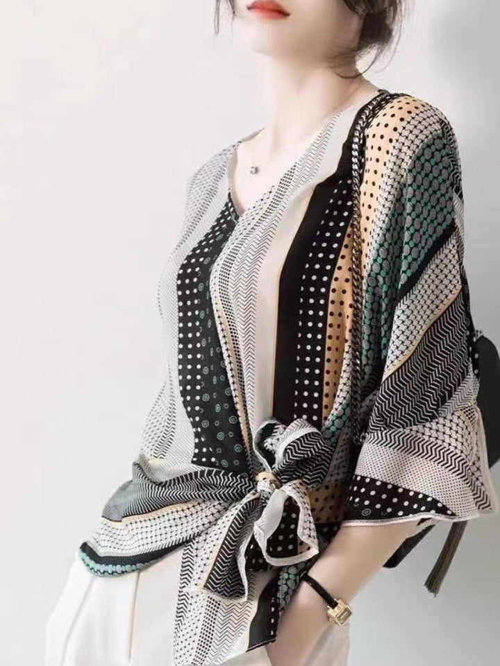 Retro V-Neck Irregular Contrast Color Shirt