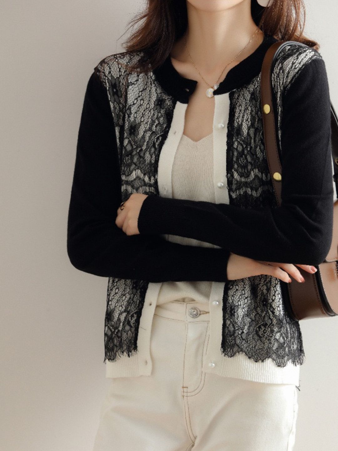 Crew Neck Lace Knit Sweater - Black