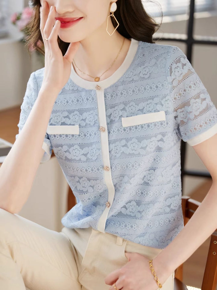 Lace Contrast Round Neck  Hollow T-shirt