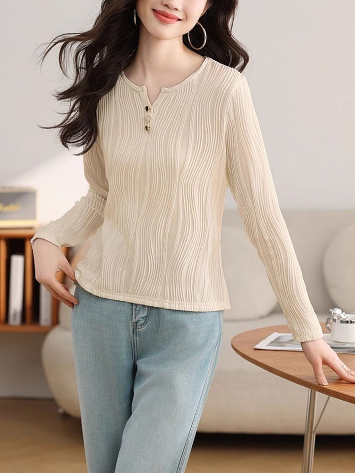 Heart Button Round Neck Long Sleeve Top