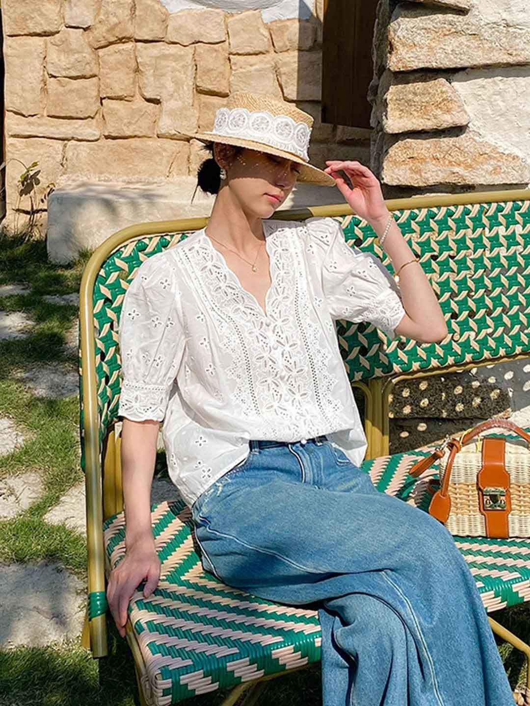 Elegant V-Neck Puff Sleeve Embroidered Top
