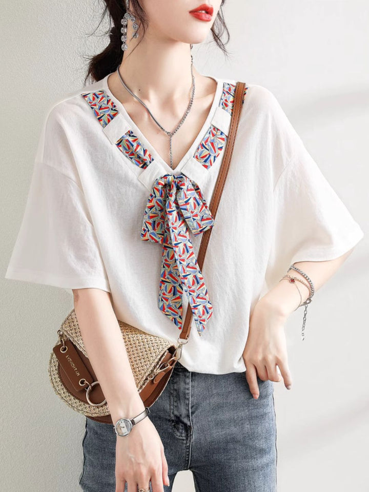 Loose Contrast Ribbon White T-shirt