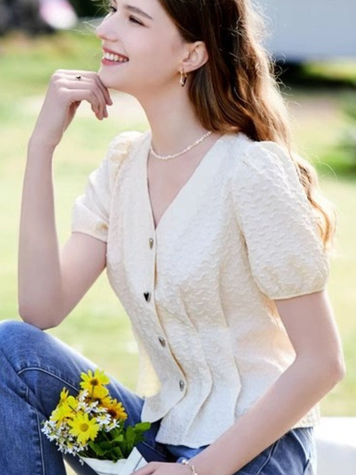 Heart Button V-neck Shirt