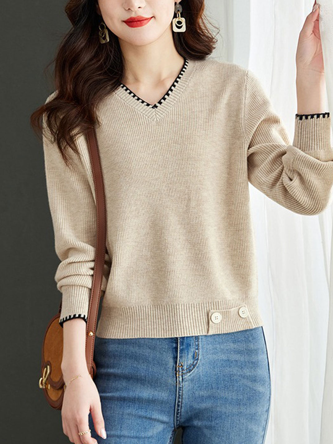 V-Neck Solid Color Knitted Sweater