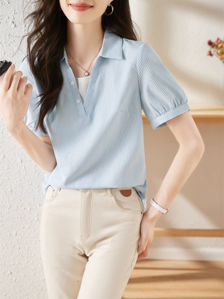 Striped Short-sleeved Lapel Shirt - Green