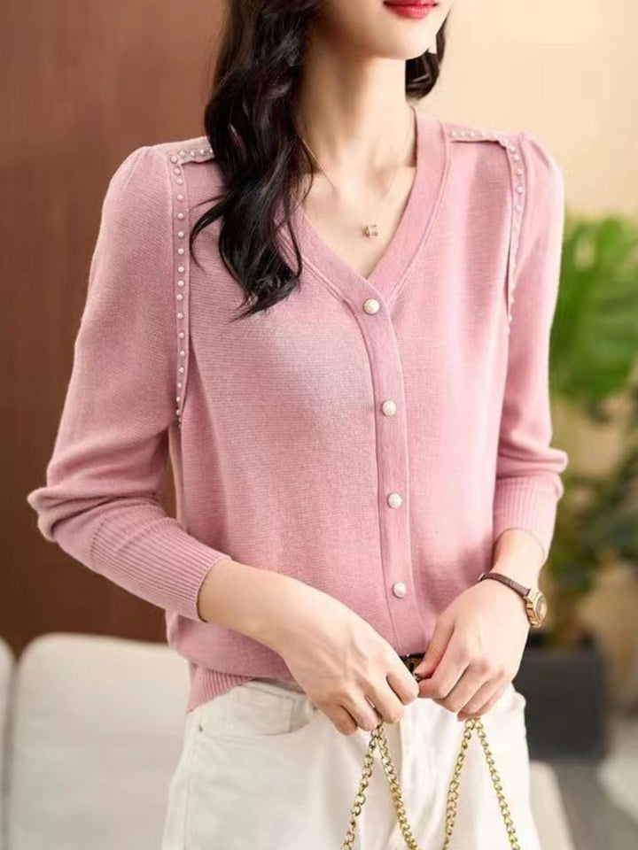 Loose V-Neck Button Knitted Top