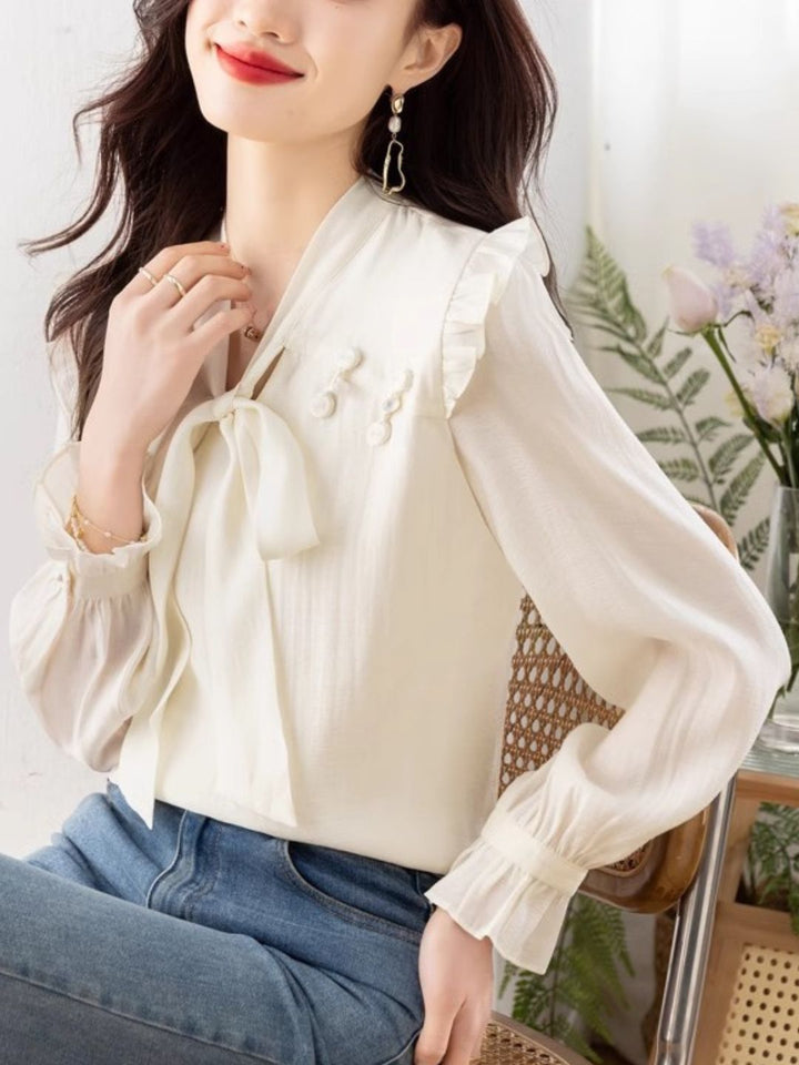 Chic Bow Chiffon Shirt - Green