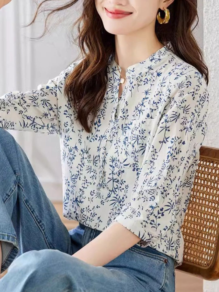 Floral Short Sleeve Blue and White Porcelain Shirt